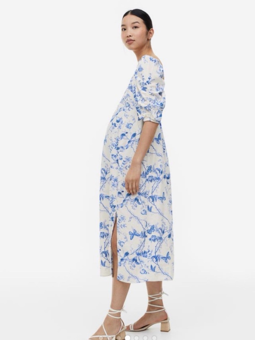 H&M Mama Maternite White Maternity Midi Dress with Blue Floral & Butterfly Print - Picture 3 of 7